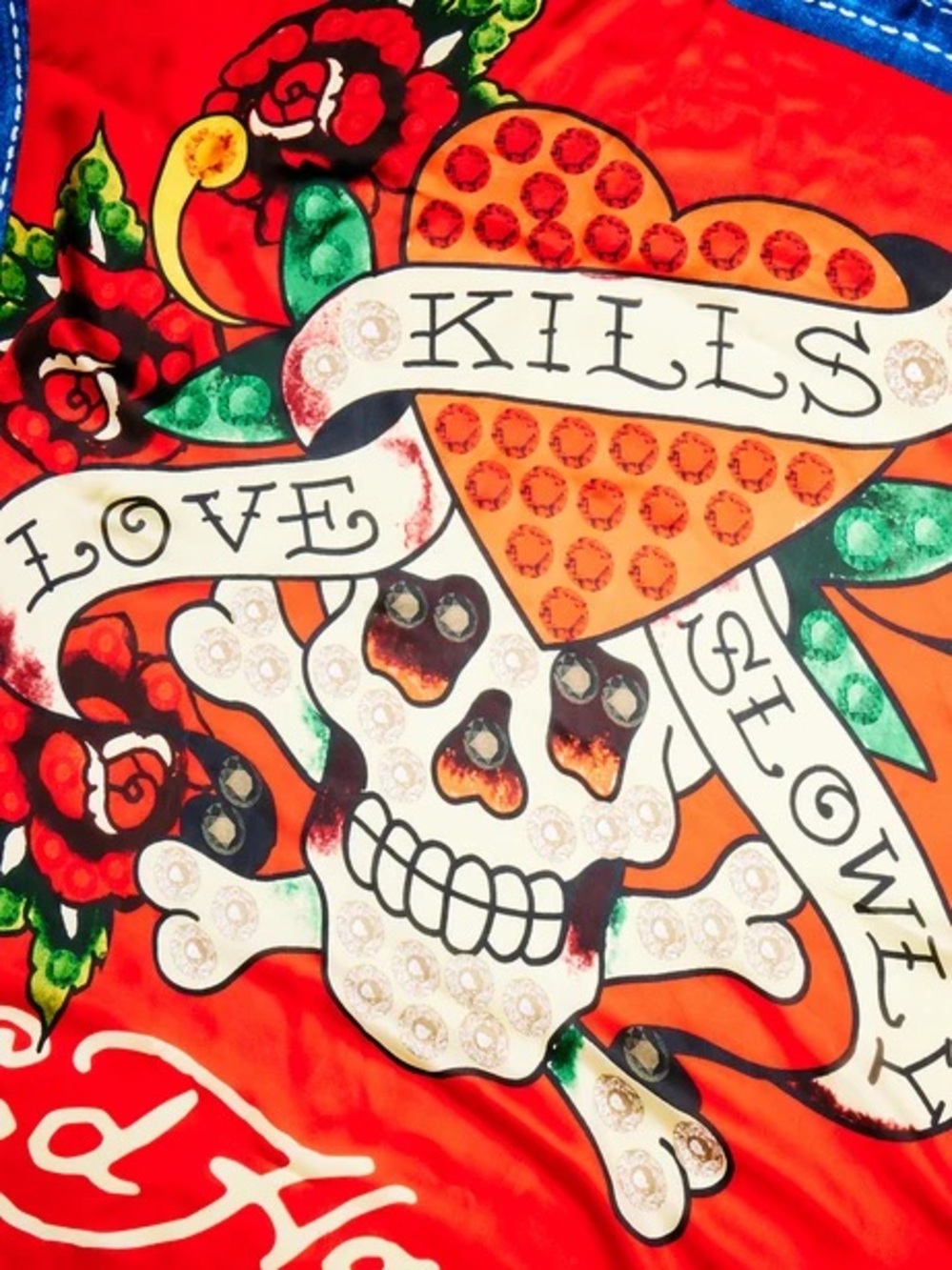 Ed Hardy Love Kills Slowly Skull Heart Satin Scarf Red Blue Y2K - Picture 2 of 4